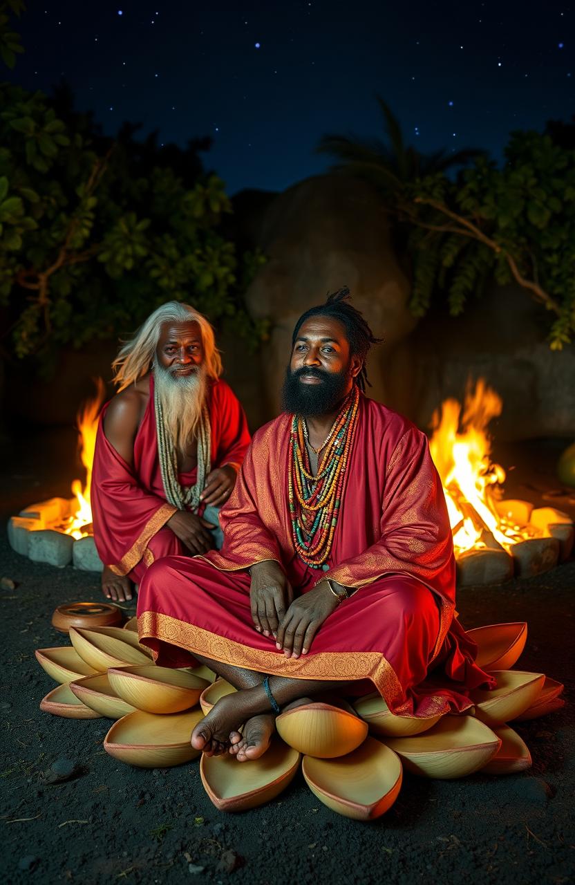 A 38-year-old black Rastafarian man, dressed in a vibrant red and gold robe, adorned with multicolored beads, peacefully sitting on lotus feet