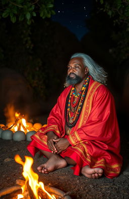 A 38-year-old black Rastafarian man, dressed in a vibrant red and gold robe, adorned with multicolored beads, peacefully sitting on lotus feet