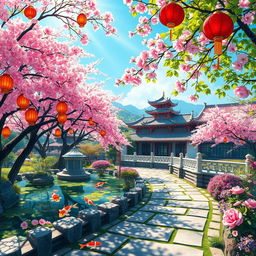 A vibrant and colorful artistic interpretation of a traditional Chinese garden, featuring elegant cherry blossom trees, a serene koi pond with colorful fish, delicate paper lanterns hanging from the branches, and a beautiful stone pathway lined with flowers