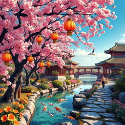 A vibrant and colorful artistic interpretation of a traditional Chinese garden, featuring elegant cherry blossom trees, a serene koi pond with colorful fish, delicate paper lanterns hanging from the branches, and a beautiful stone pathway lined with flowers