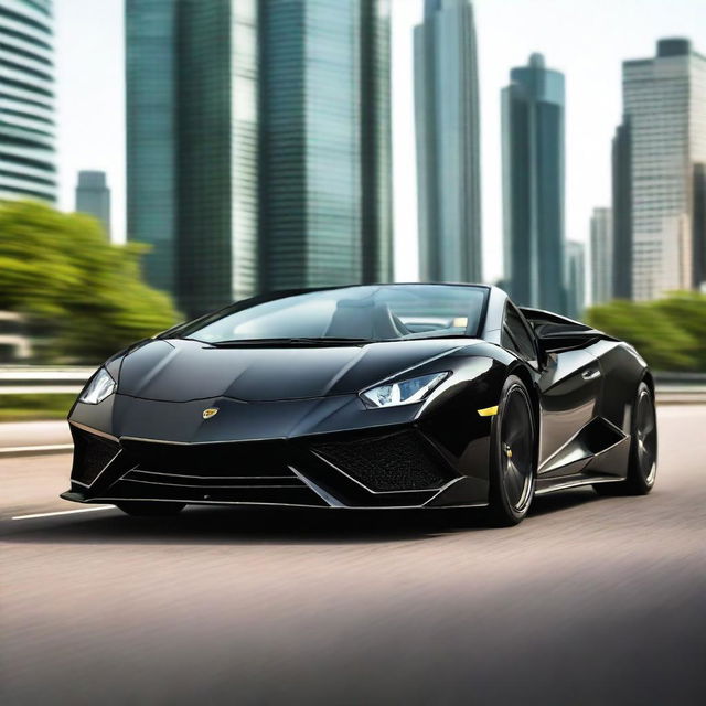 A highly realistic, photo-quality image of a black Lamborghini sports car