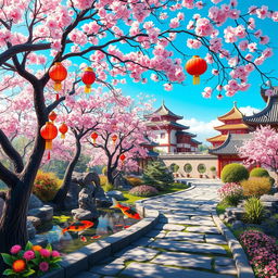 A vibrant and colorful artistic interpretation of a traditional Chinese garden, featuring elegant cherry blossom trees, a serene koi pond with colorful fish, delicate paper lanterns hanging from the branches, and a beautiful stone pathway lined with flowers