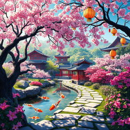 A vibrant and colorful artistic interpretation of a traditional Chinese garden, featuring elegant cherry blossom trees, a serene koi pond with colorful fish, delicate paper lanterns hanging from the branches, and a beautiful stone pathway lined with flowers