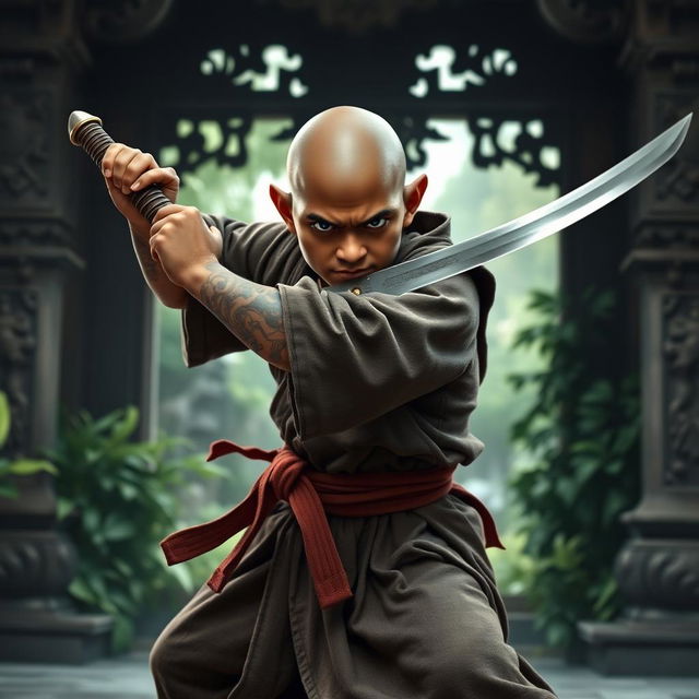 A dark-skinned bald halfling monk, outfitted in traditional martial arts robes, skillfully brandishing a shortsword