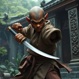 A dark-skinned bald halfling monk, outfitted in traditional martial arts robes, skillfully brandishing a shortsword