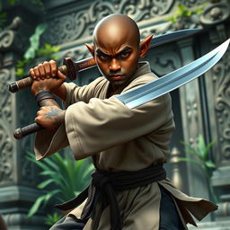A dark-skinned bald halfling monk, outfitted in traditional martial arts robes, skillfully brandishing a shortsword