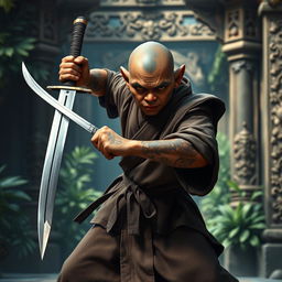 A dark-skinned bald halfling monk, outfitted in traditional martial arts robes, skillfully brandishing a shortsword