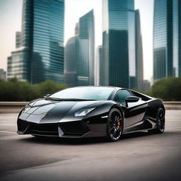 A highly realistic, photo-quality image of a black Lamborghini sports car