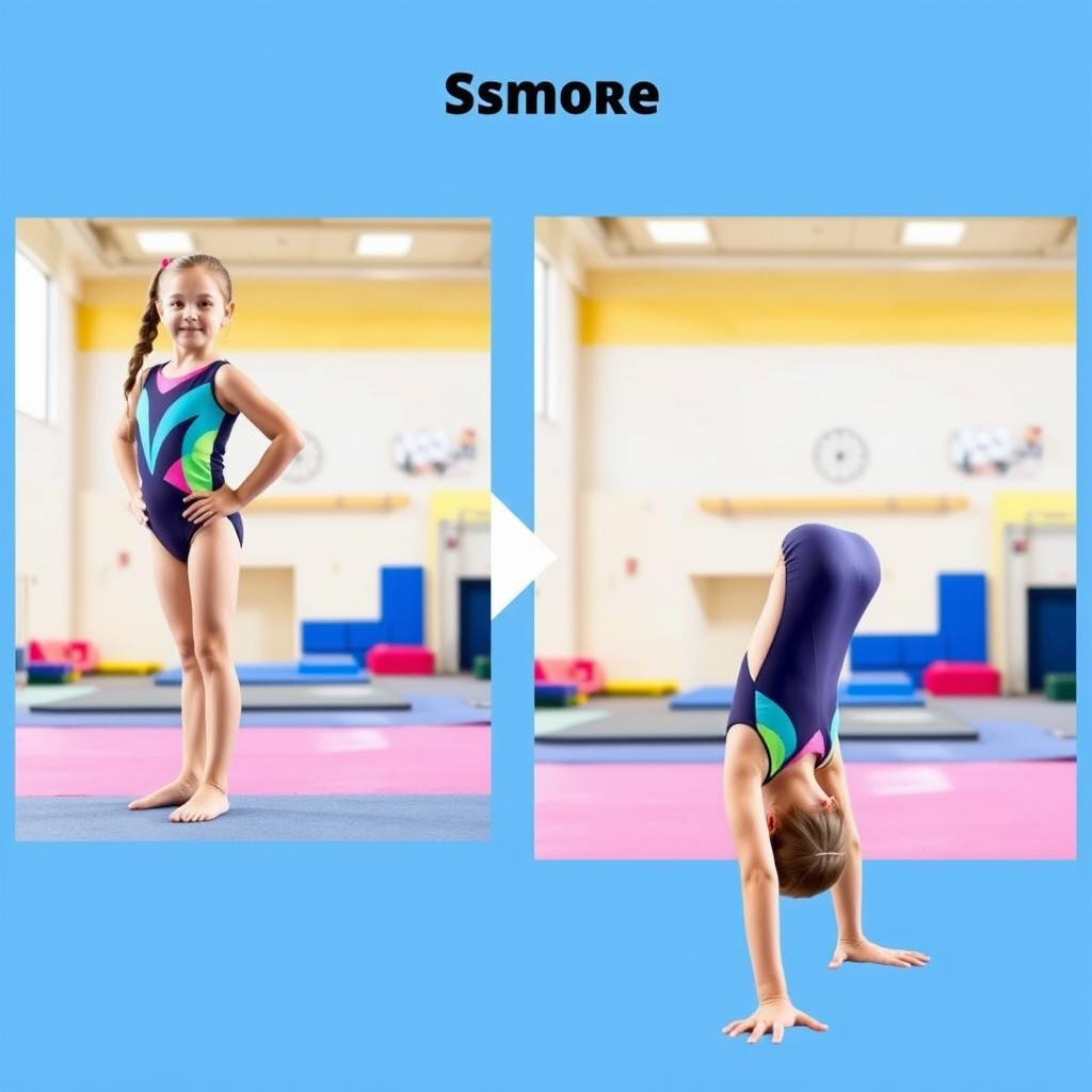A detailed step-by-step image sequence that shows a girl performing the gymnastic exercise 'bridge'