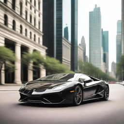 A highly realistic, photo-quality image of a black Lamborghini sports car