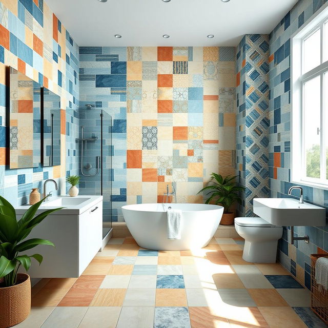 A beautiful and stylish bathroom showcasing a variety of ceramic tiles in different colors and patterns