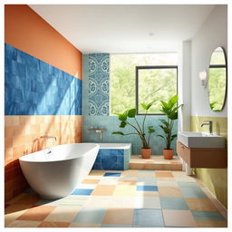 A beautiful and stylish bathroom showcasing a variety of ceramic tiles in different colors and patterns