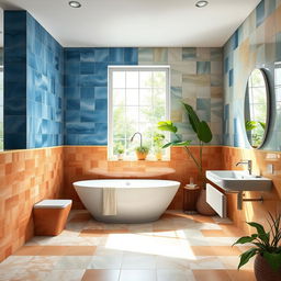 A beautiful and stylish bathroom showcasing a variety of ceramic tiles in different colors and patterns