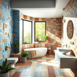 A beautiful and stylish bathroom showcasing a variety of ceramic tiles in different colors and patterns