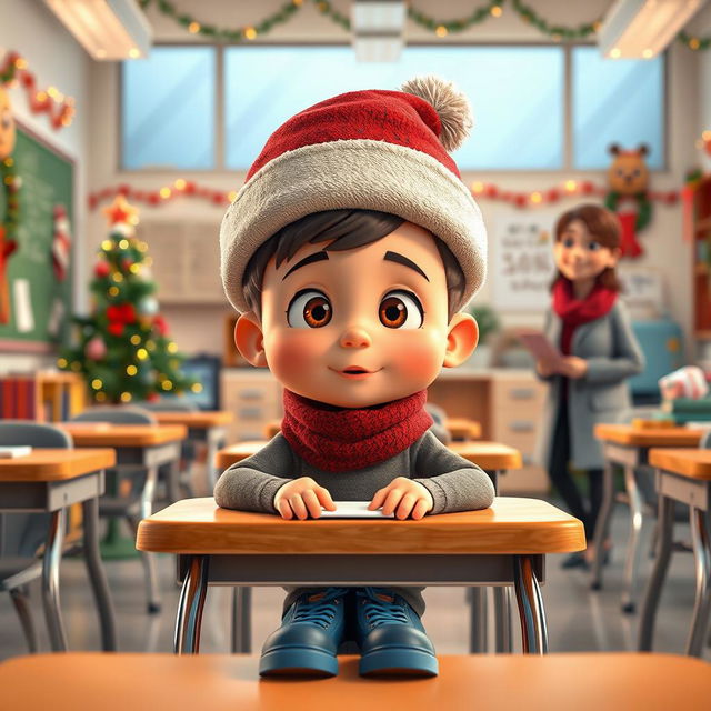 A 3D animated scene depicting a modern classroom during winter break, filled with Christmas decorations and warm lights