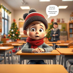A 3D animated scene depicting a modern classroom during winter break, filled with Christmas decorations and warm lights