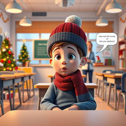 A 3D animated scene depicting a modern classroom during winter break, filled with Christmas decorations and warm lights