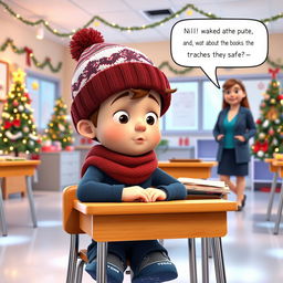 A 3D animated scene depicting a modern classroom during winter break, filled with Christmas decorations and warm lights