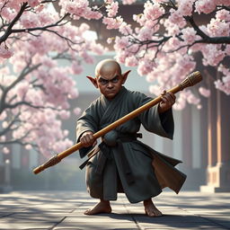 A dark-skinned bald halfling monk, donned in traditional martial arts robes, confidently gripping a quarterstaff