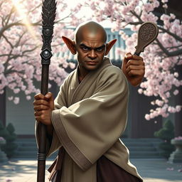 A dark-skinned bald halfling monk, donned in traditional martial arts robes, confidently gripping a quarterstaff