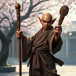 A dark-skinned bald halfling monk, donned in traditional martial arts robes, confidently gripping a quarterstaff