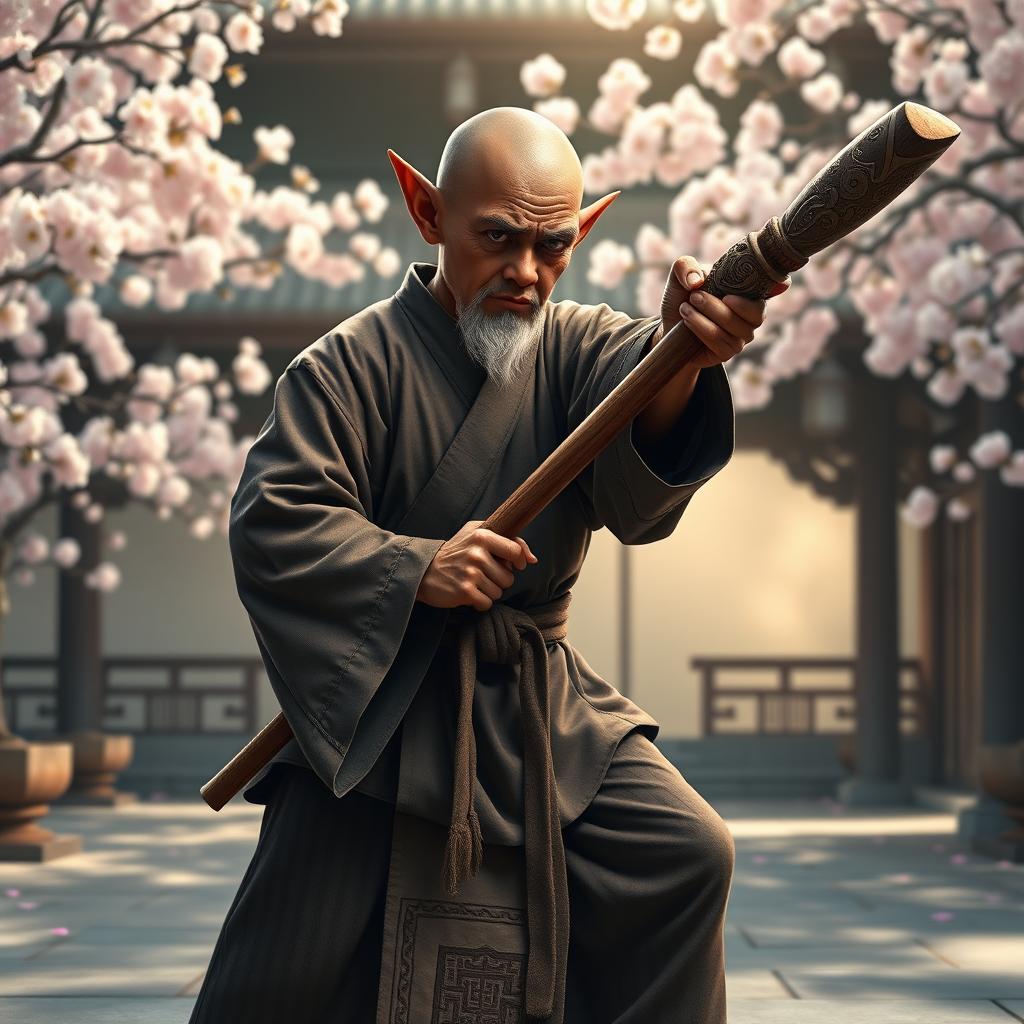 A dark-skinned bald halfling monk, donned in traditional martial arts robes, confidently gripping a quarterstaff