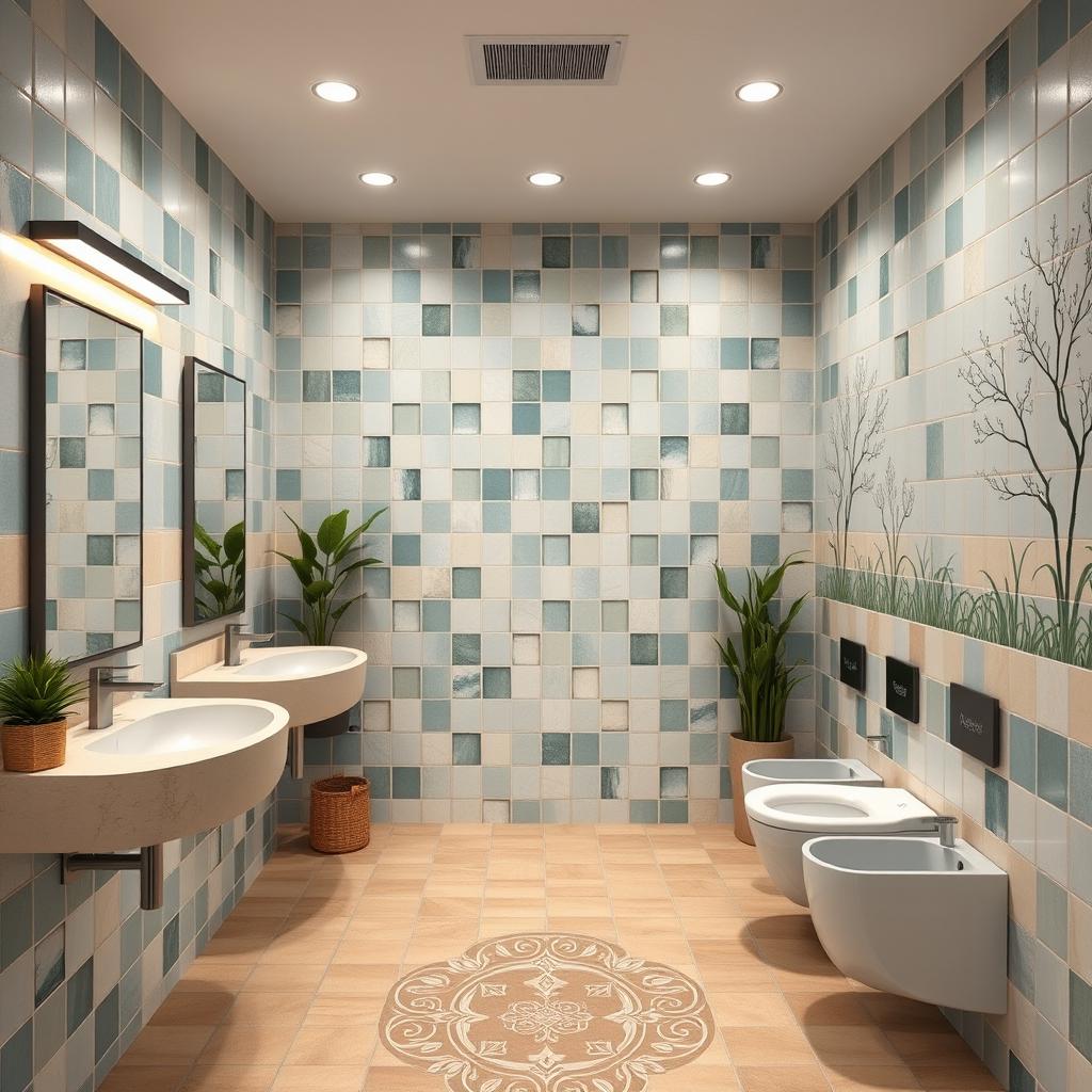 A beautifully designed public restroom featuring ceramic tiles in calming colors