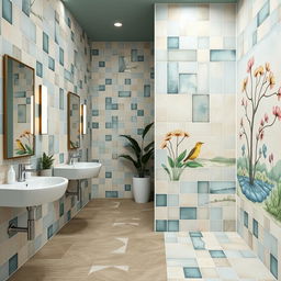 A beautifully designed public restroom featuring ceramic tiles in calming colors