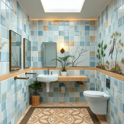 A beautifully designed public restroom featuring ceramic tiles in calming colors