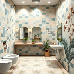 A beautifully designed public restroom featuring ceramic tiles in calming colors