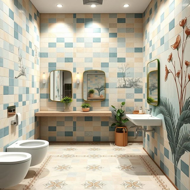 A beautifully designed public restroom featuring ceramic tiles in calming colors