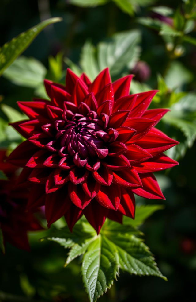 A stunning, close-up view of a bloody dahlia flower in full bloom, showcasing its intricate petals with deep red and rich maroon hues