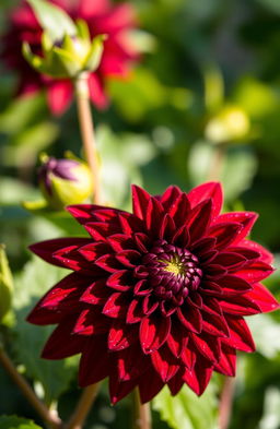 A stunning, close-up view of a bloody dahlia flower in full bloom, showcasing its intricate petals with deep red and rich maroon hues