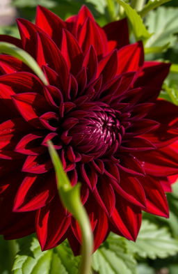 A stunning, close-up view of a bloody dahlia flower in full bloom, showcasing its intricate petals with deep red and rich maroon hues
