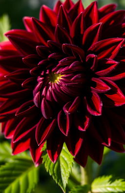 A stunning, close-up view of a bloody dahlia flower in full bloom, showcasing its intricate petals with deep red and rich maroon hues
