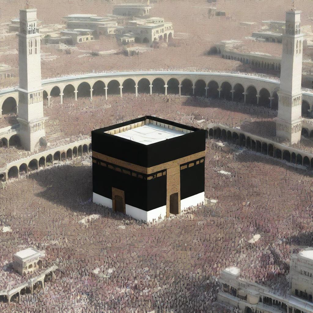 A high-quality, photo-realistic image of Mecca, showcasing the iconic Kaaba surrounded by worshipers