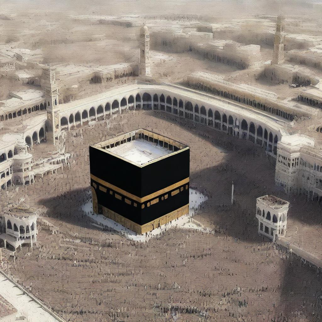 A high-quality, photo-realistic image of Mecca, showcasing the iconic Kaaba surrounded by worshipers