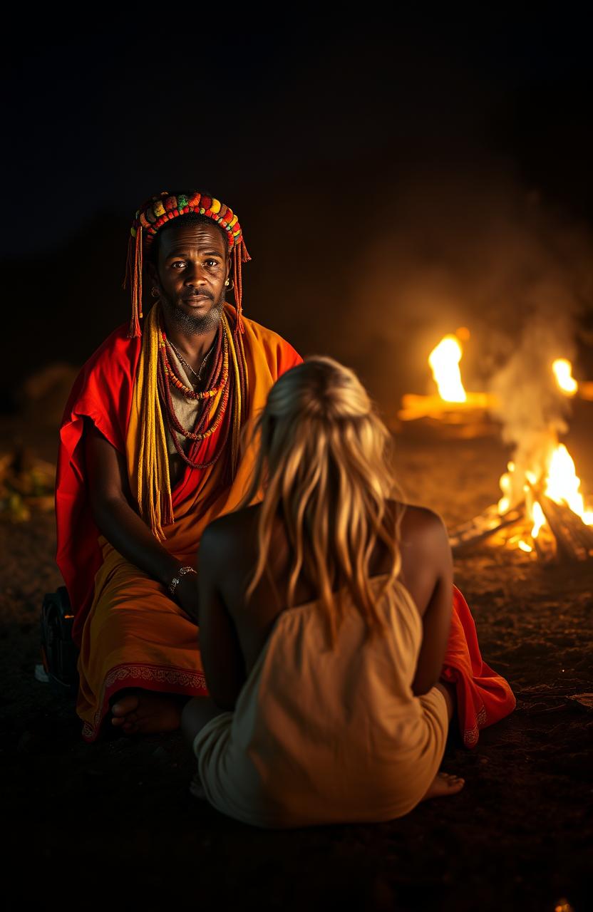 A 38-year-old black Rastafarian man, adorned in a vibrant red and gold robe, is seated on lotus feet, emanating a serene aura in a mystical cove