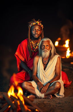A 38-year-old black Rastafarian man, adorned in a vibrant red and gold robe, is seated on lotus feet, emanating a serene aura in a mystical cove