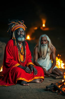 A 38-year-old black Rastafarian man, adorned in a vibrant red and gold robe, is seated on lotus feet, emanating a serene aura in a mystical cove