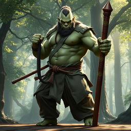A powerful half-ogre monk, towering with robust physique, expertly wielding a quarterstaff