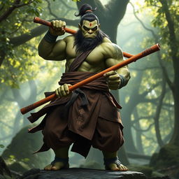 A powerful half-ogre monk, towering with robust physique, expertly wielding a quarterstaff