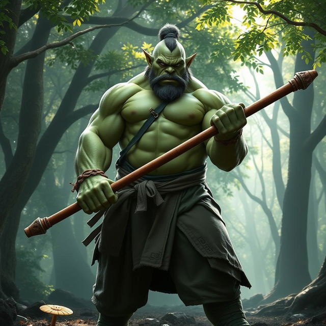 A powerful half-ogre monk, towering with robust physique, expertly wielding a quarterstaff