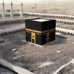 A high-quality, photo-realistic image of Mecca, showcasing the iconic Kaaba surrounded by worshipers