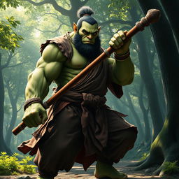 A powerful half-ogre monk, towering with robust physique, expertly wielding a quarterstaff