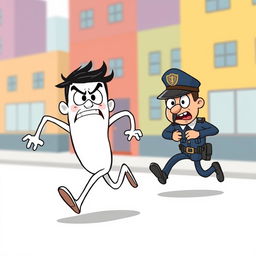 A white cartoon character with exaggerated features, depicted in a dynamic running pose, fleeing from a stylized cartoon police officer