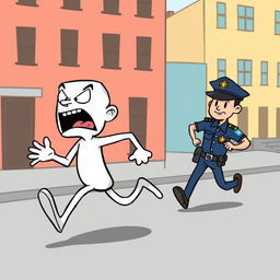 A white cartoon character with exaggerated features, depicted in a dynamic running pose, fleeing from a stylized cartoon police officer