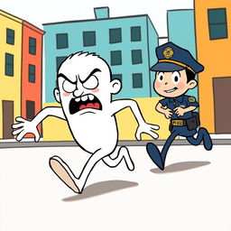 A white cartoon character with exaggerated features, depicted in a dynamic running pose, fleeing from a stylized cartoon police officer