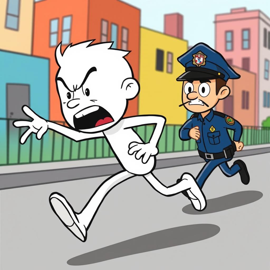 A white cartoon character with exaggerated features, depicted in a dynamic running pose, fleeing from a stylized cartoon police officer