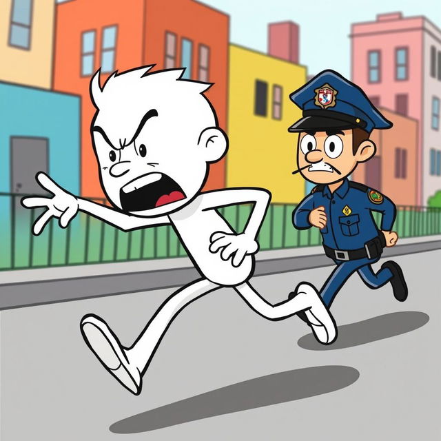 A white cartoon character with exaggerated features, depicted in a dynamic running pose, fleeing from a stylized cartoon police officer